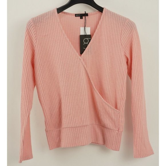 Gibson Tops - New Gibson Women's Small Pink Brushed Waffle Drape Faux Wrap Surplice V-Neck Top